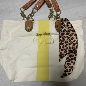 Coach Cream Tote with Yellow Stripe and Leopard Accent